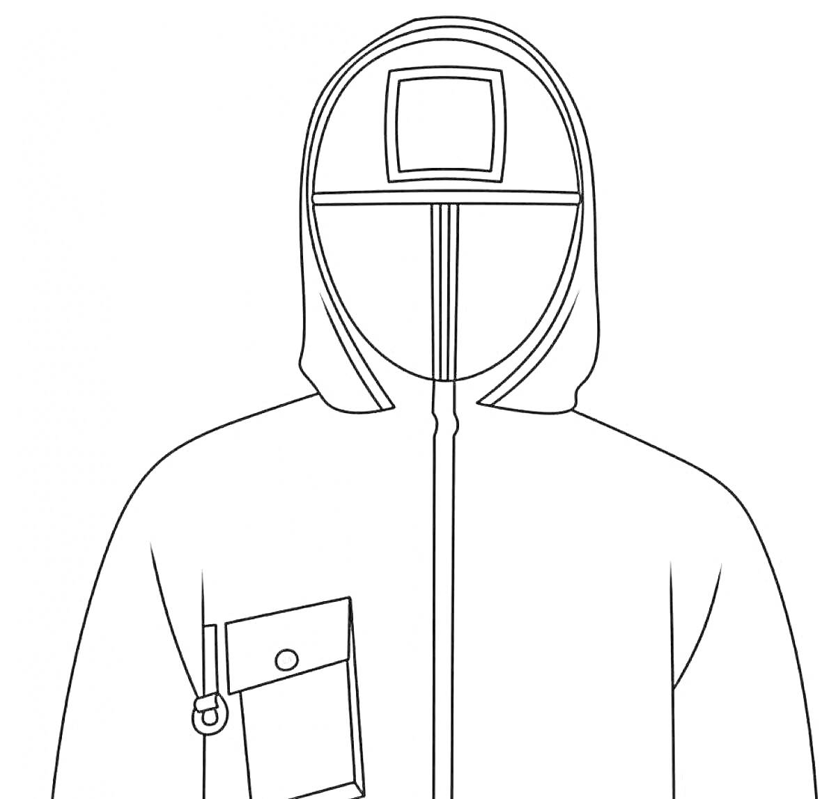 Раскраска Охранник из игры в кальмара в худи с капюшоном, с квадратом на шлеме и с карманом на молнии