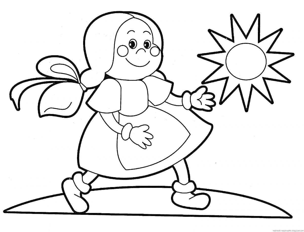 На раскраске изображено: Девочка, Платье, Бант, Солнце, Для детей, 3 года, Холмы
