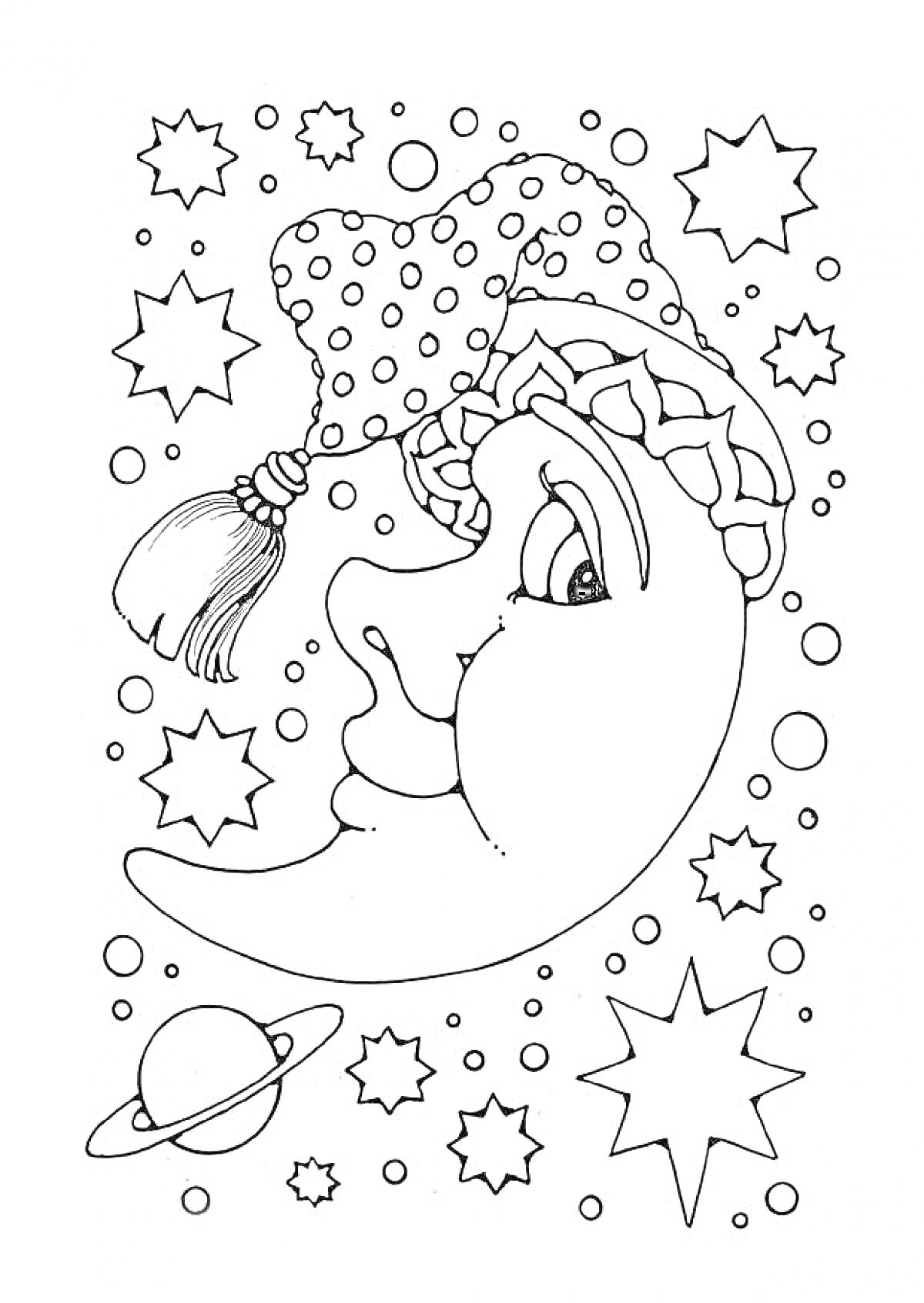На раскраске изображено: Месяц, Звезды, Небо, Ночное небо, Планеты, Колпаки