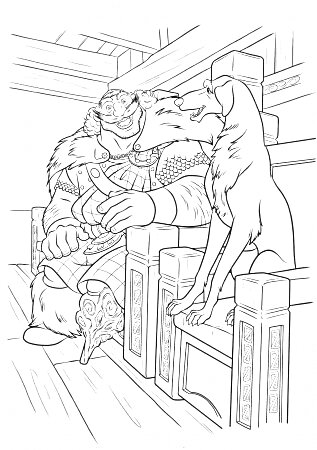 Раскраска Викинг с пивом и собака на троне