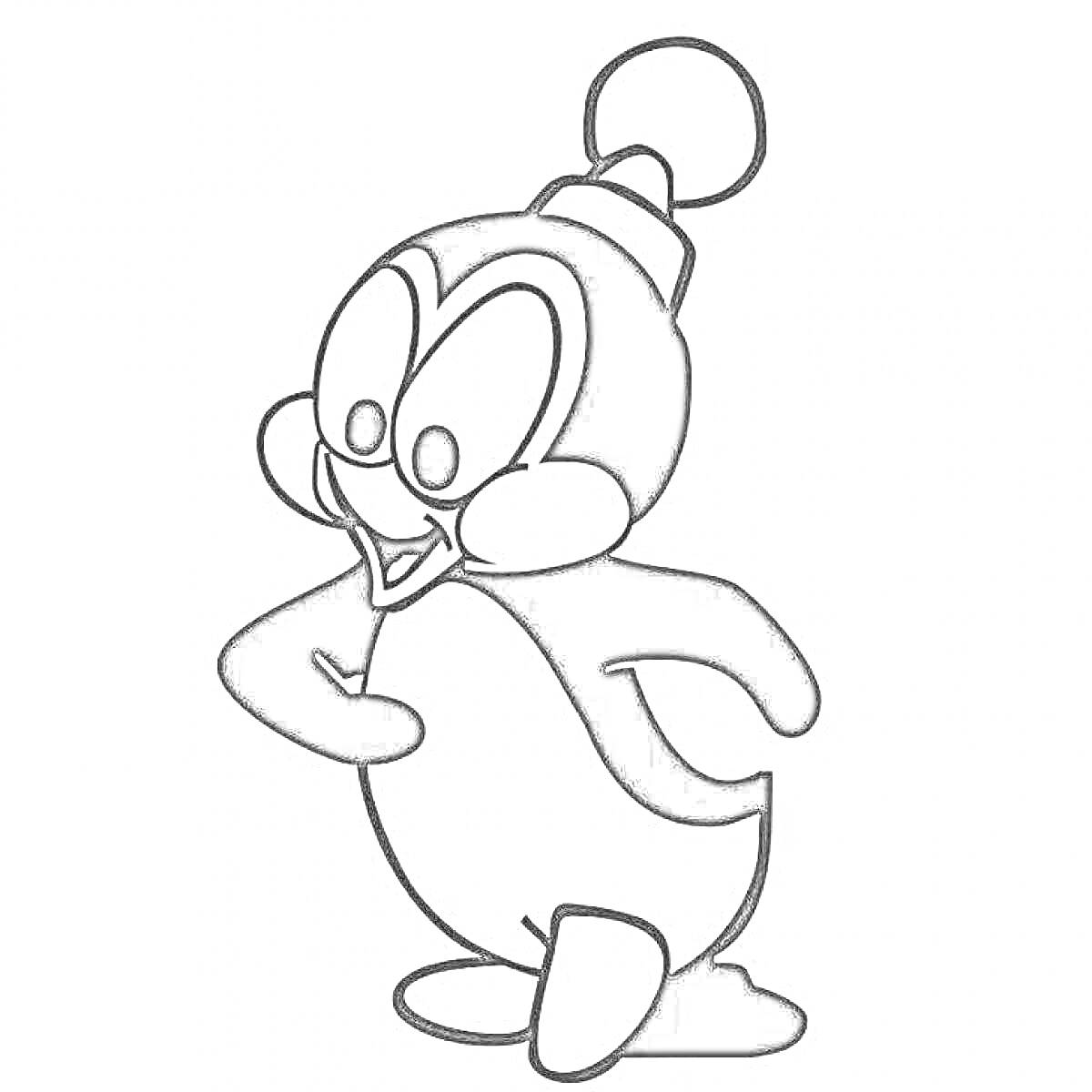 Раскраска Пингвин с круглым хвостом на голове в зимней шапке
