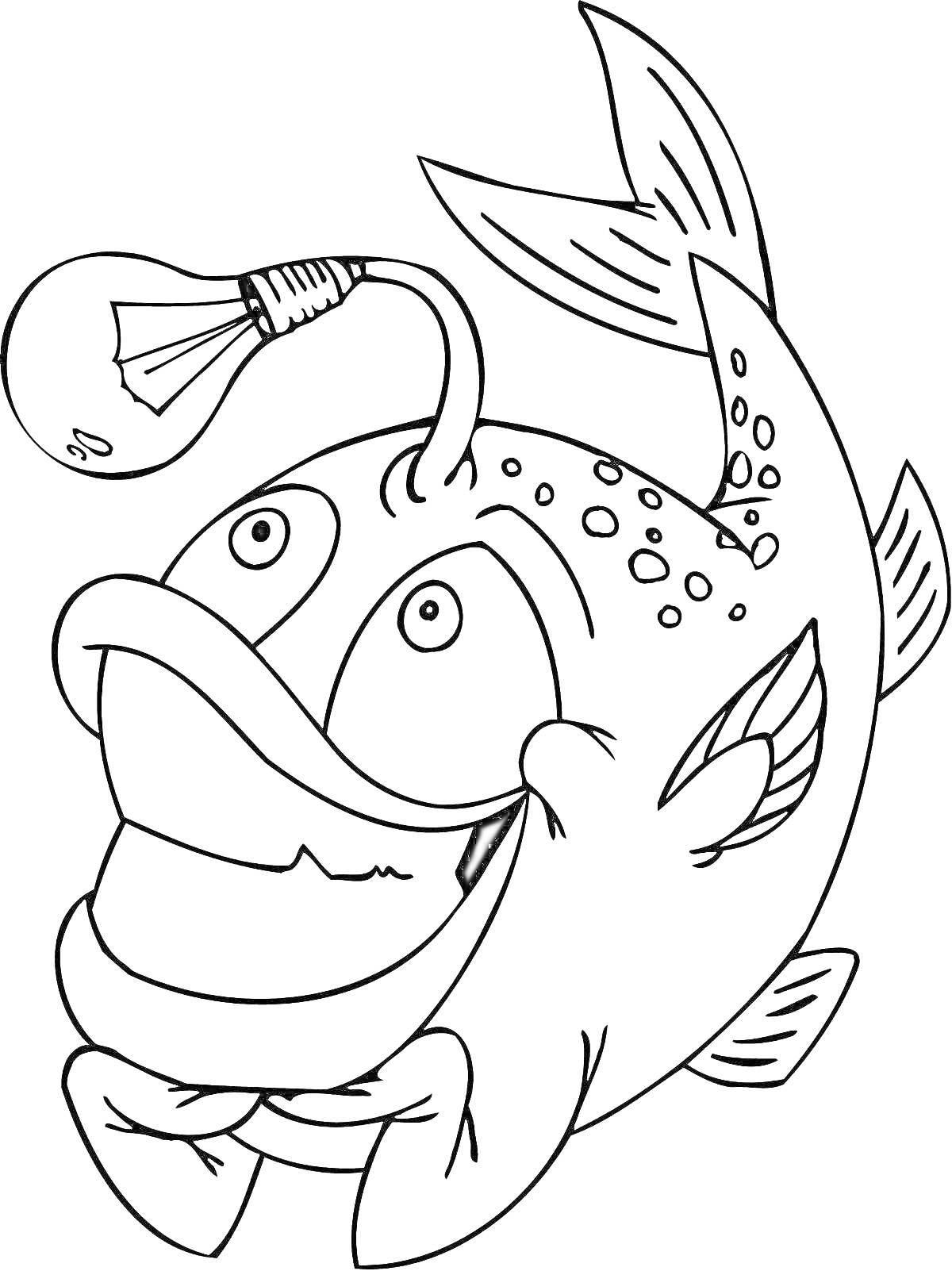 На раскраске изображено: Рыба, Подводный мир, Улыбка, Юмор, Лампочки, Морские животные
