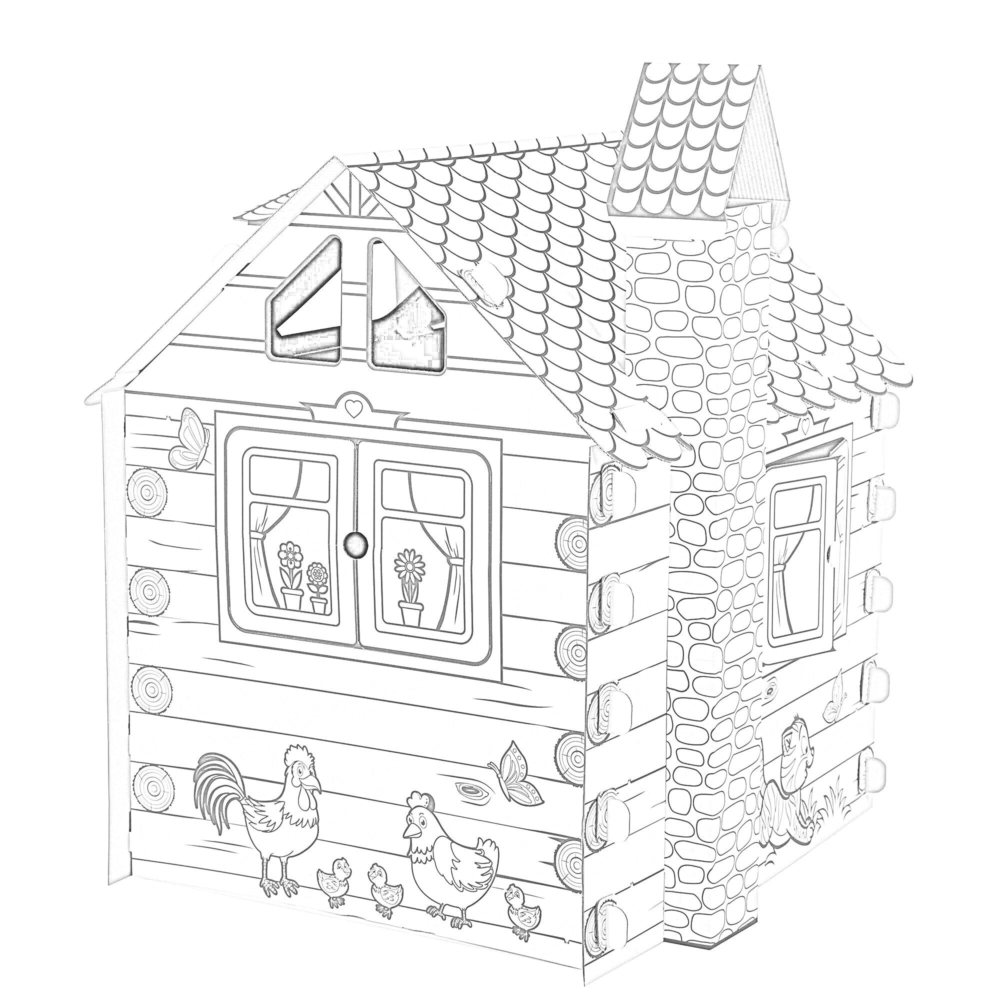 На раскраске изображено: Рисунки животных, Окна, Цветы, Деревенский дом