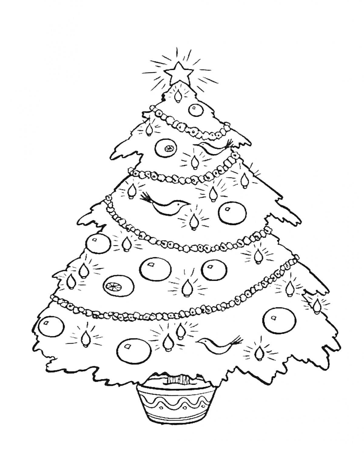 Раскраска Рождественская елка с украшениями, гирляндами, шарами и звездой на вершине в вазоне