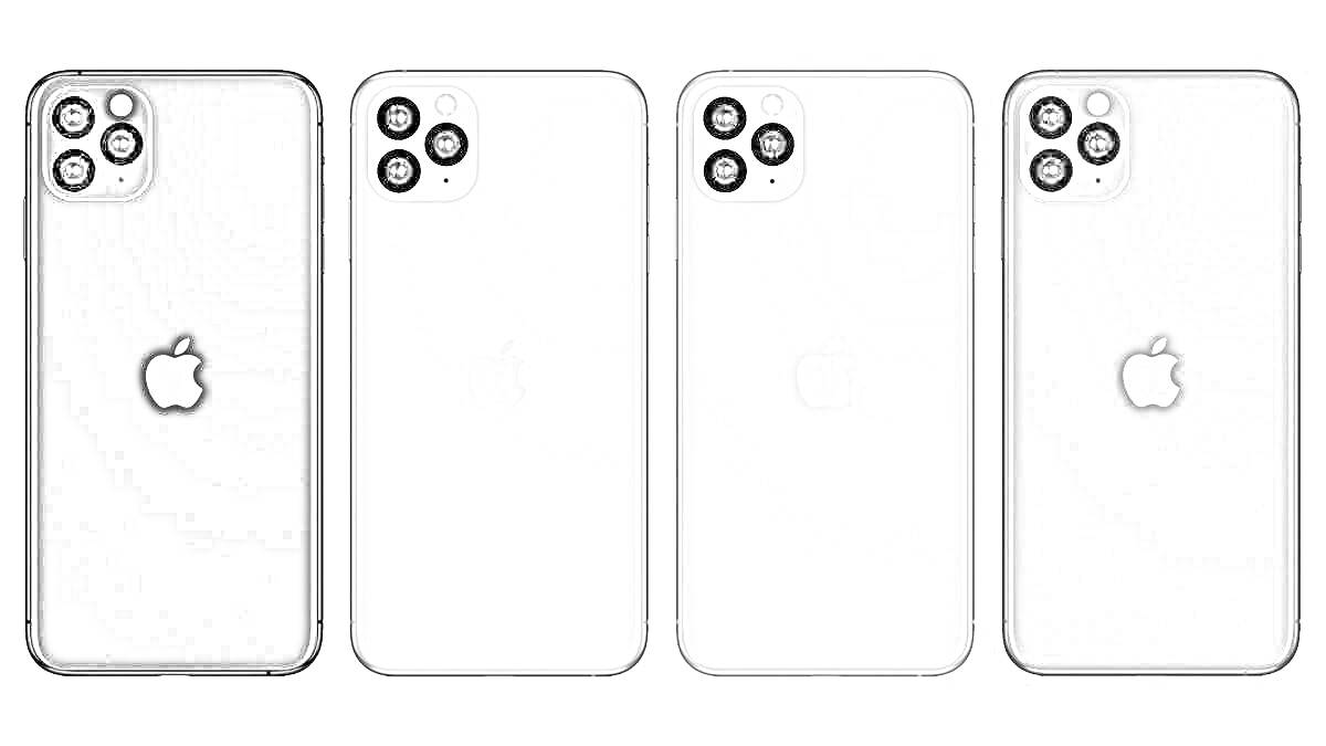 Раскраска Четыре iPhone 13 Pro Max в черном, белом, серебристом и темно-сером цветах