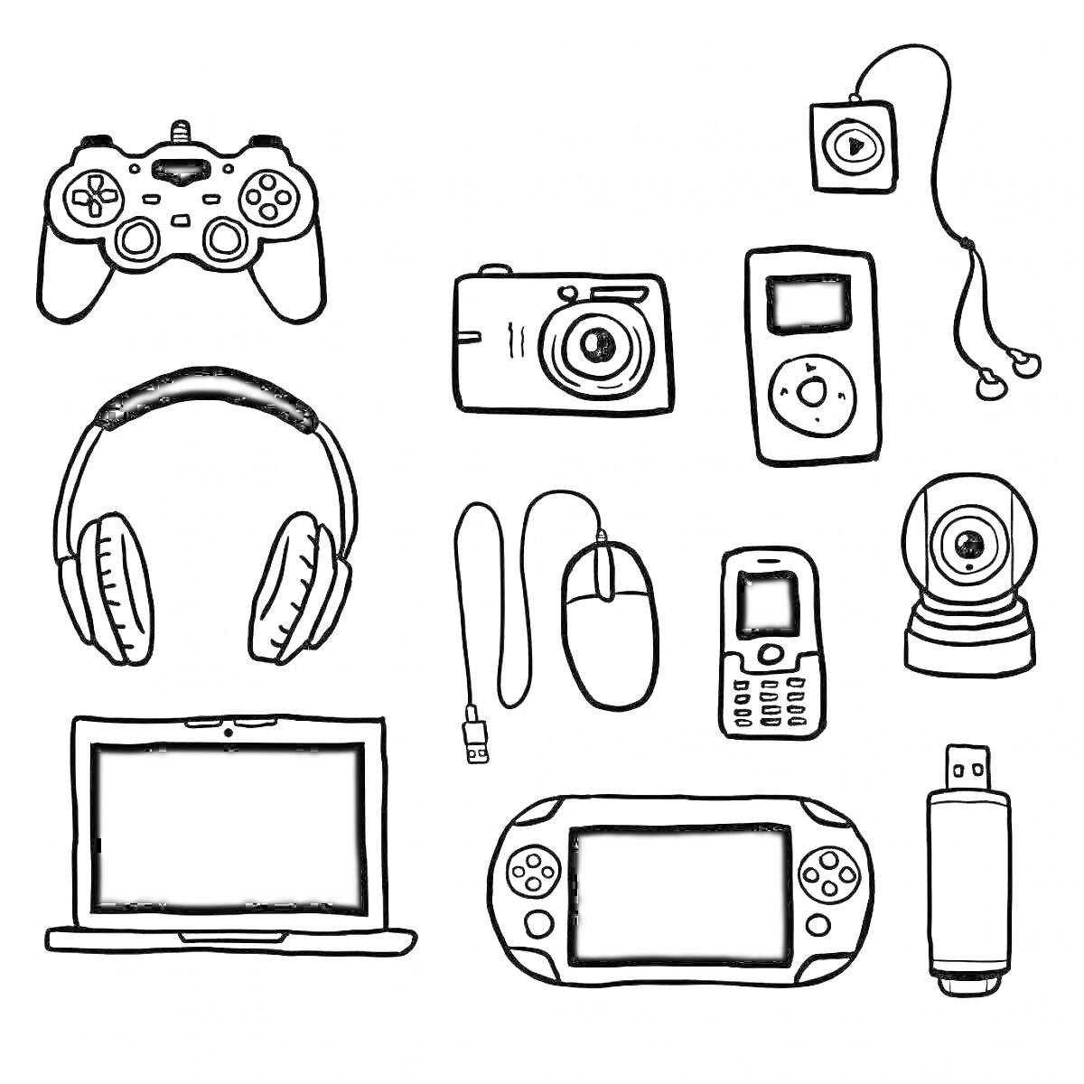 Раскраска Геймпад, цифровая камера, MP3-плеер, наушники, компьютерная мышь, мобильный телефон, веб-камера, ноутбук, портативная игровая консоль, USB-накопитель