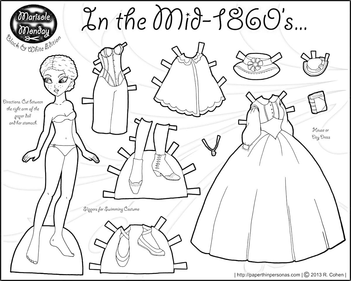 На раскраске изображено: Кукла, Одежда для вырезания, Корсет, Перчатки, Платье, Сапоги