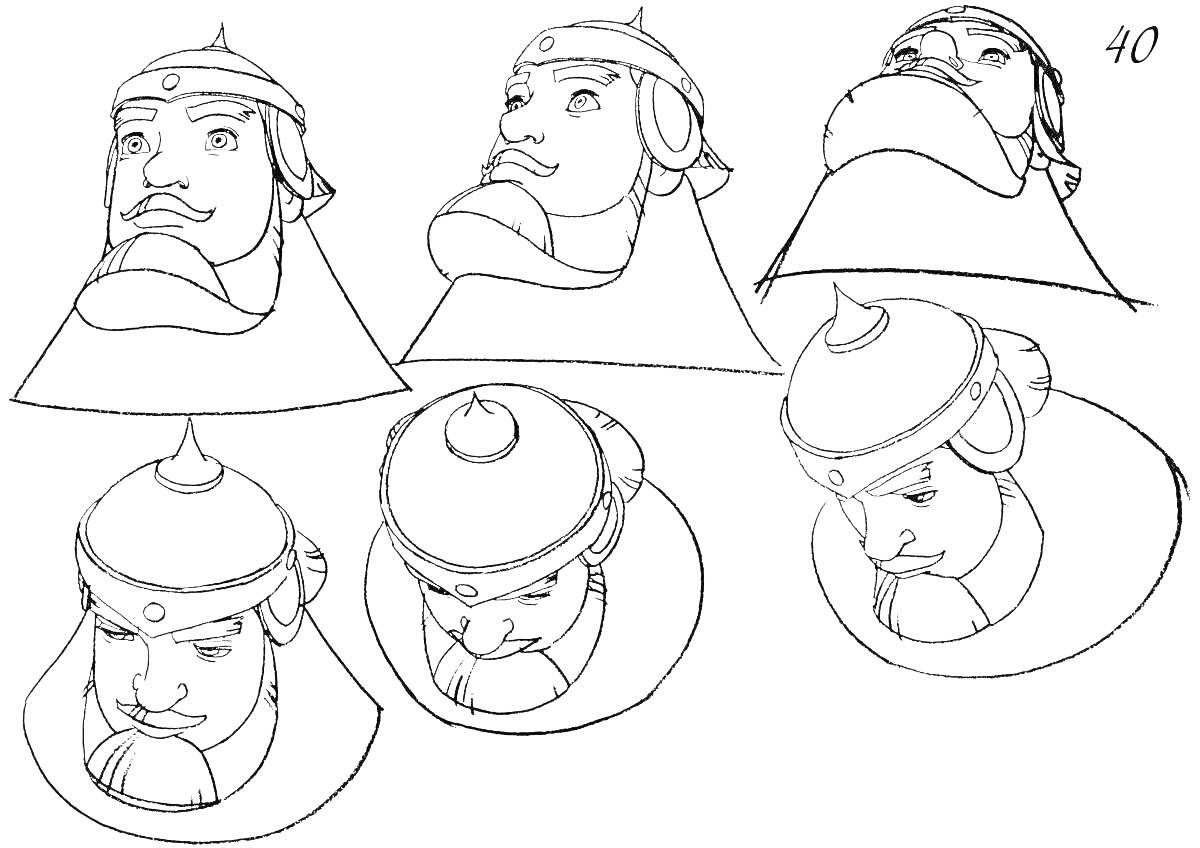 Раскраска Портреты Ильи Муромца в шлеме с разными выражениями лица