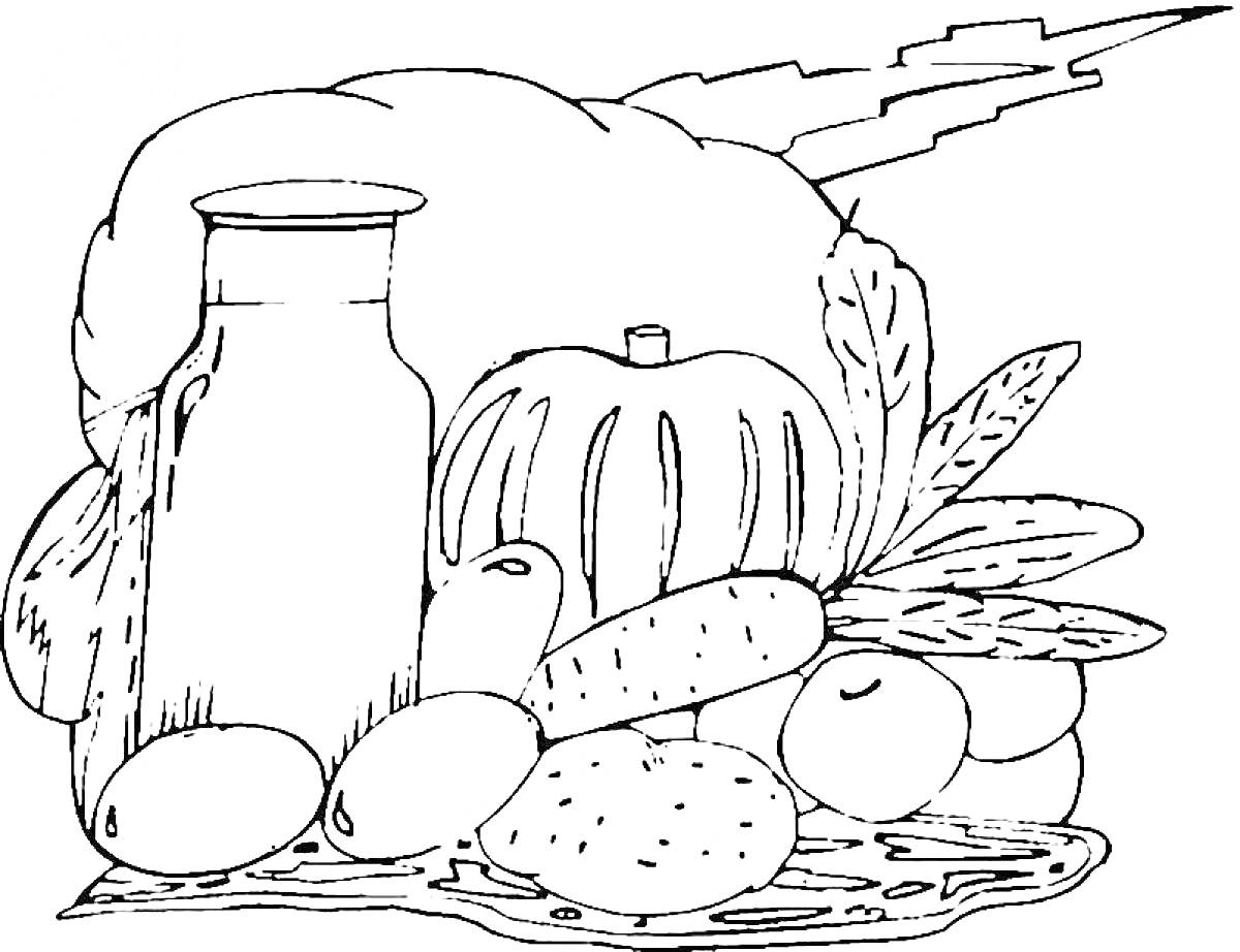 Раскраска Натюрморт с тыквой, бутылкой, картофелем, огурцом и яблоками