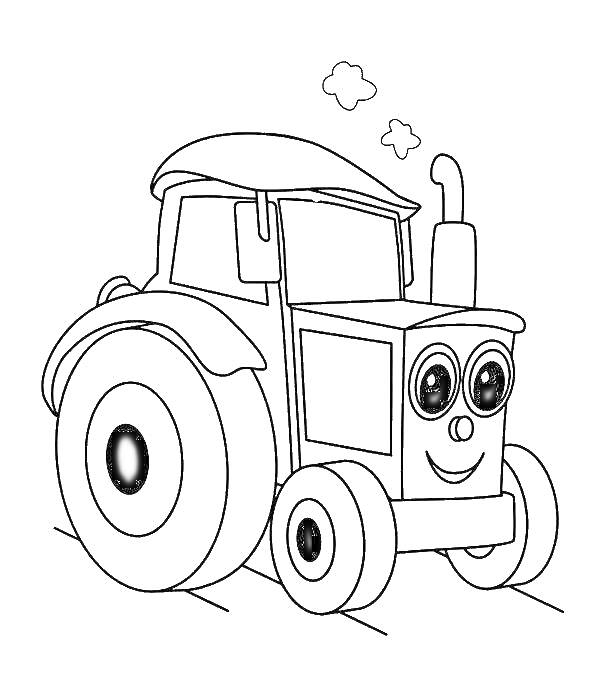 Трактор с улыбающимся лицом, большими колесами и трубой, из которой идет дым
