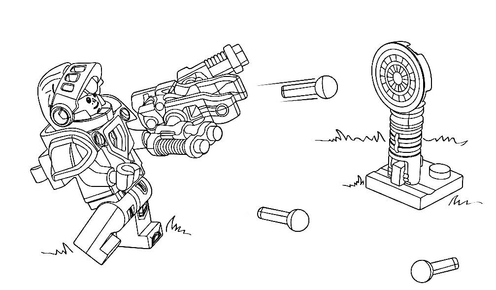 Раскраска Лего Нексо Найт с мощным бластером стреляет в тренировочную мишень