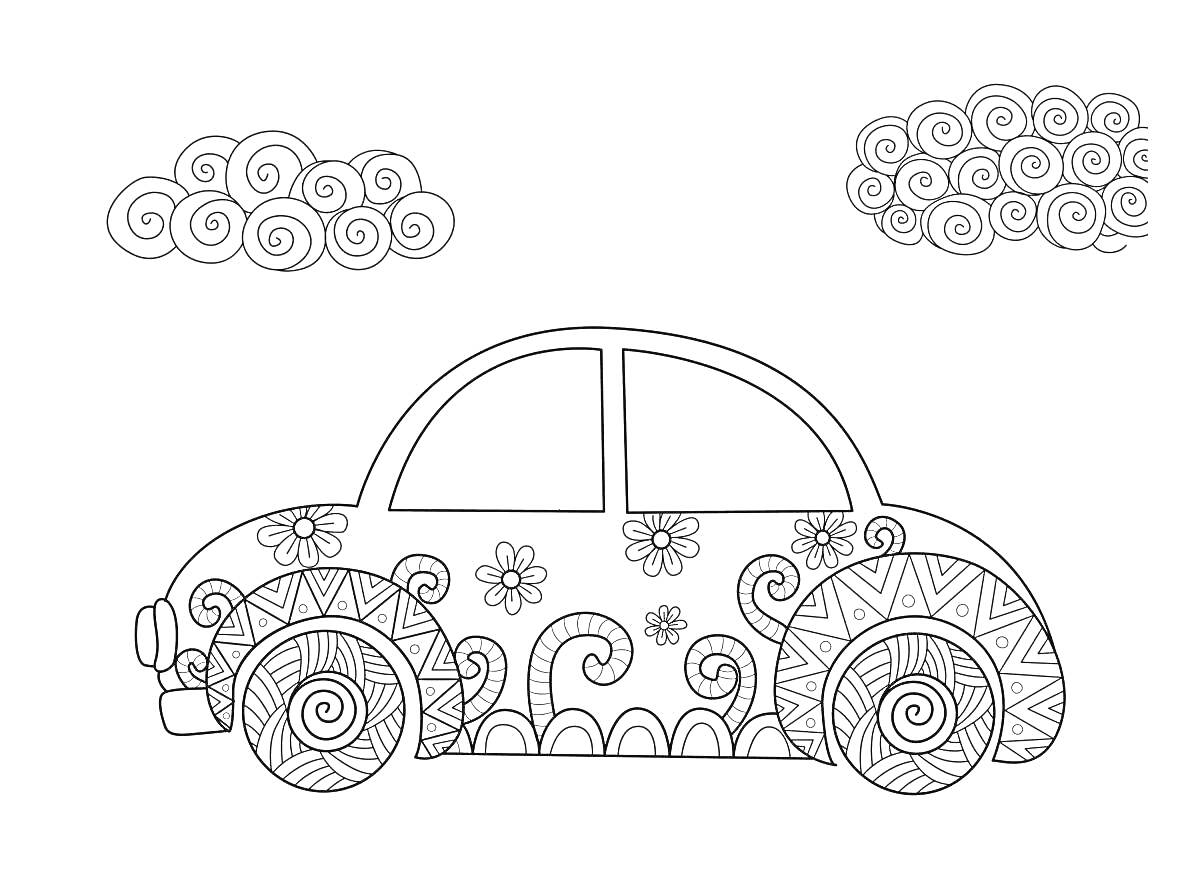 Раскраска Антистресс раскраска с машиной, узорами и облаками
