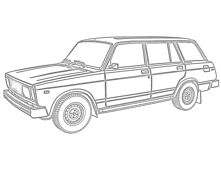 Раскраска Жигули ВАЗ-2104 в профиль, с четырьмя дверями, вид сбоку на автомобиль, колёса, фары и боковые зеркала