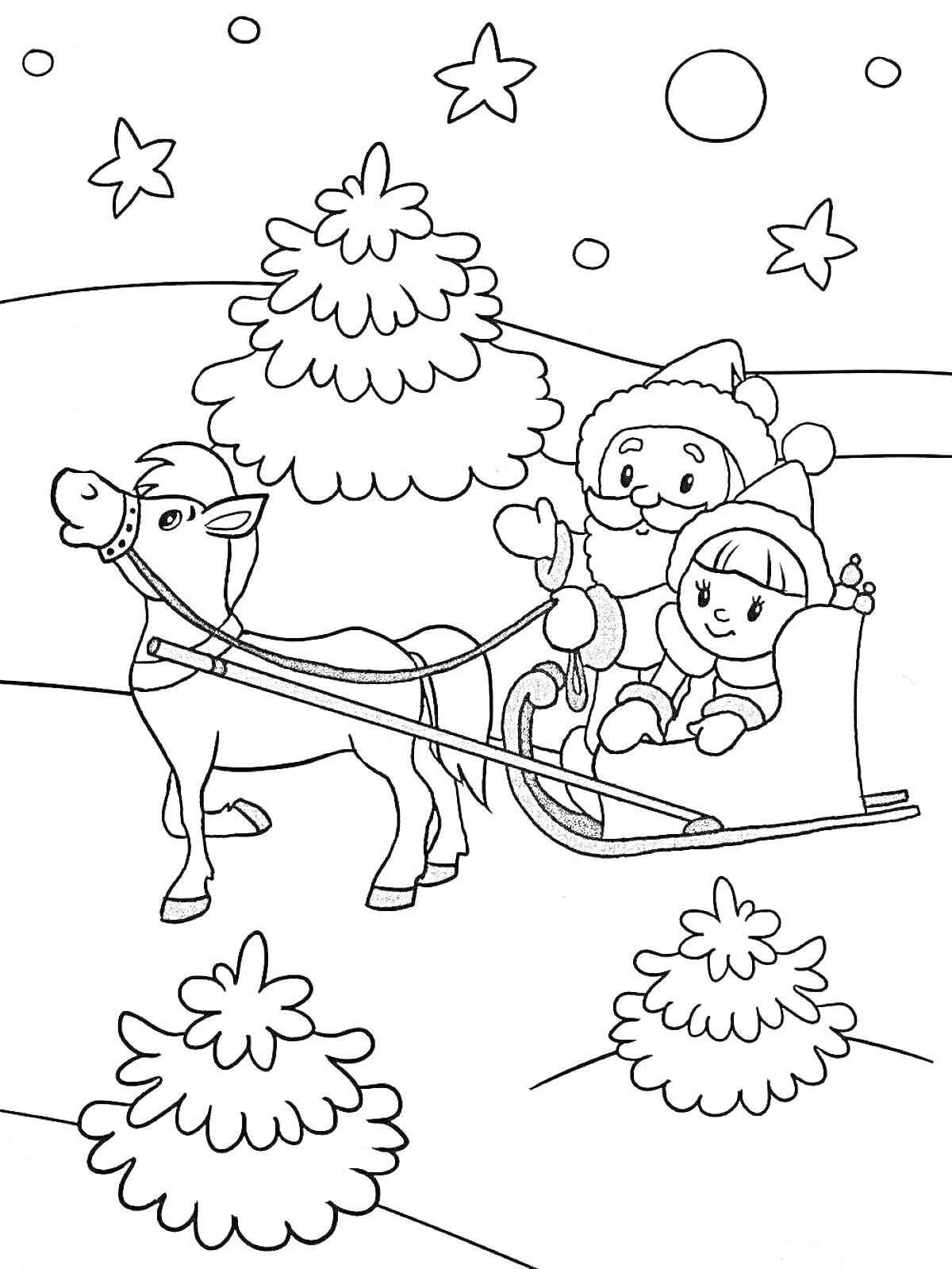 На раскраске изображено: Ребёнок, Сани, Лошадь, Зимний пейзаж, Елки, Звезды, Луна, Зима, Снег, Санта Клаус