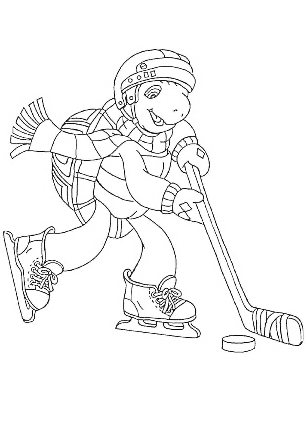 Черепаха в хоккейной экипировке играет в хоккей, держа клюшку, шайба, шапка, шарф, коньки