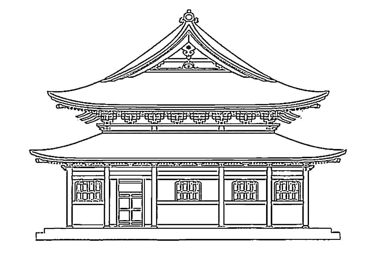 Раскраска Традиционный японский дом: двойная крыша, арочные окна, декоративные элементы на крыше