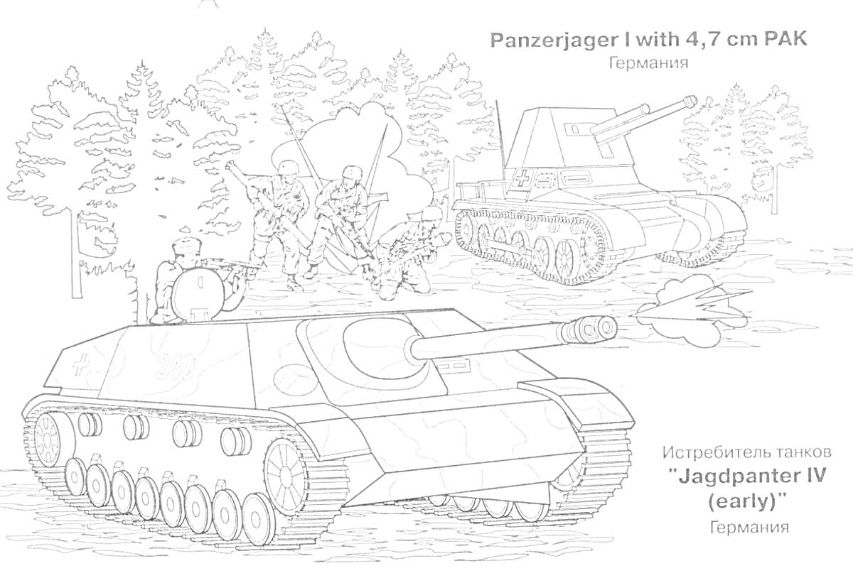 Раскраска Танковый бой в лесу с участием Panzerjager I и Jagdpanther IV