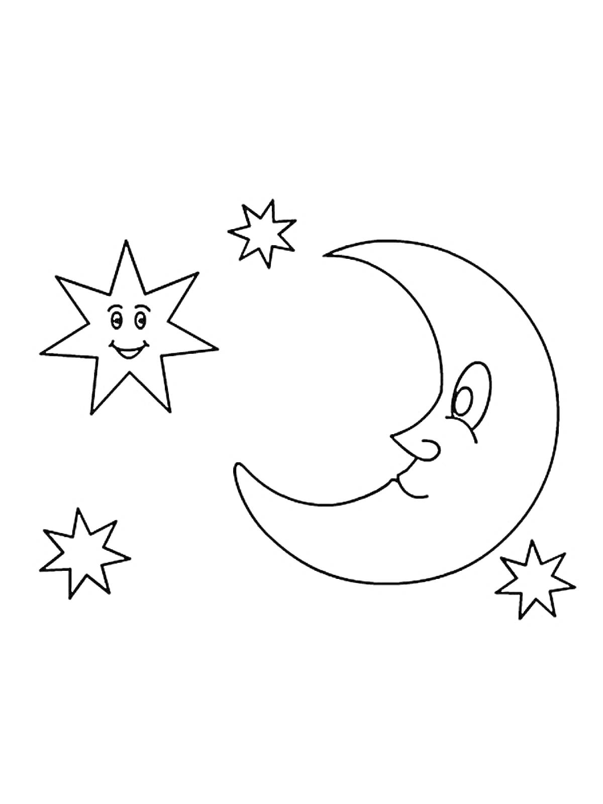 На раскраске изображено: Месяц, Луна, Звезды, Небо