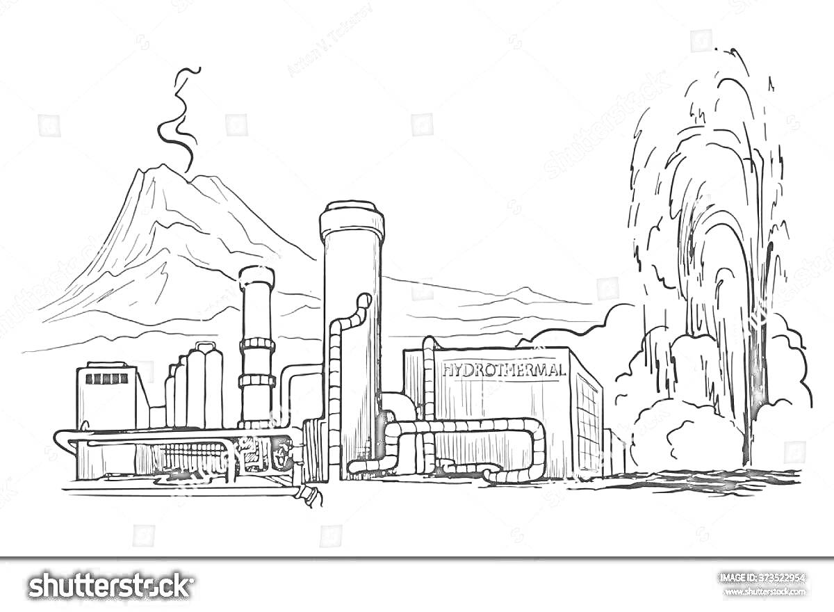 На раскраске изображено: Здания, Пар, Горы, Вулкан, Инфраструктура
