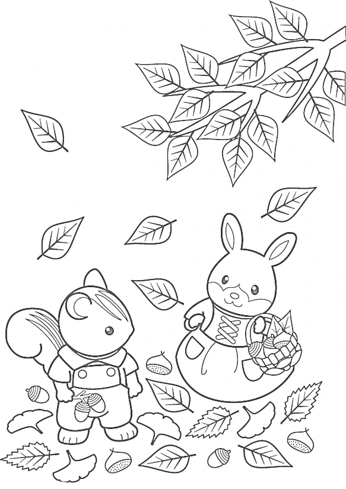 На раскраске изображено: Белка, Кролик, Листья, Осень, Природа, Деревья, Животные