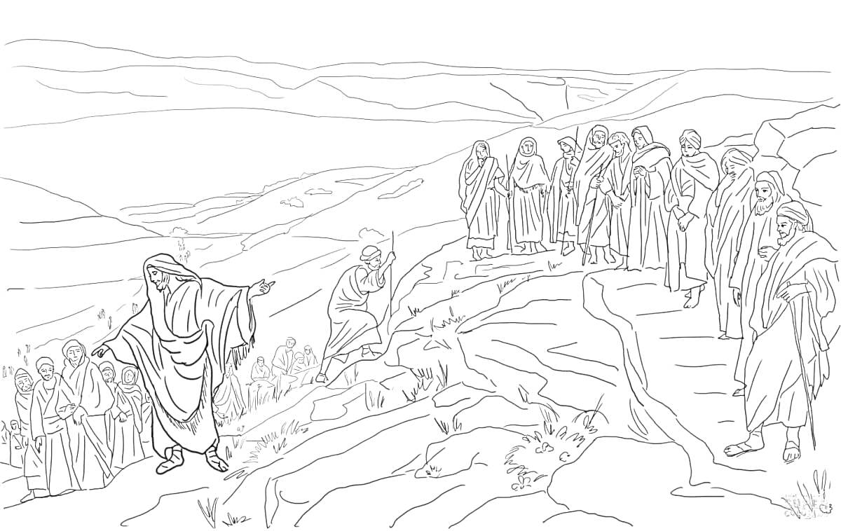 На раскраске изображено: Иисус, Прокаженные, Исцеление, Библейская сцена, Одежда, Толпа, Пейзаж, Помощь, Надежда