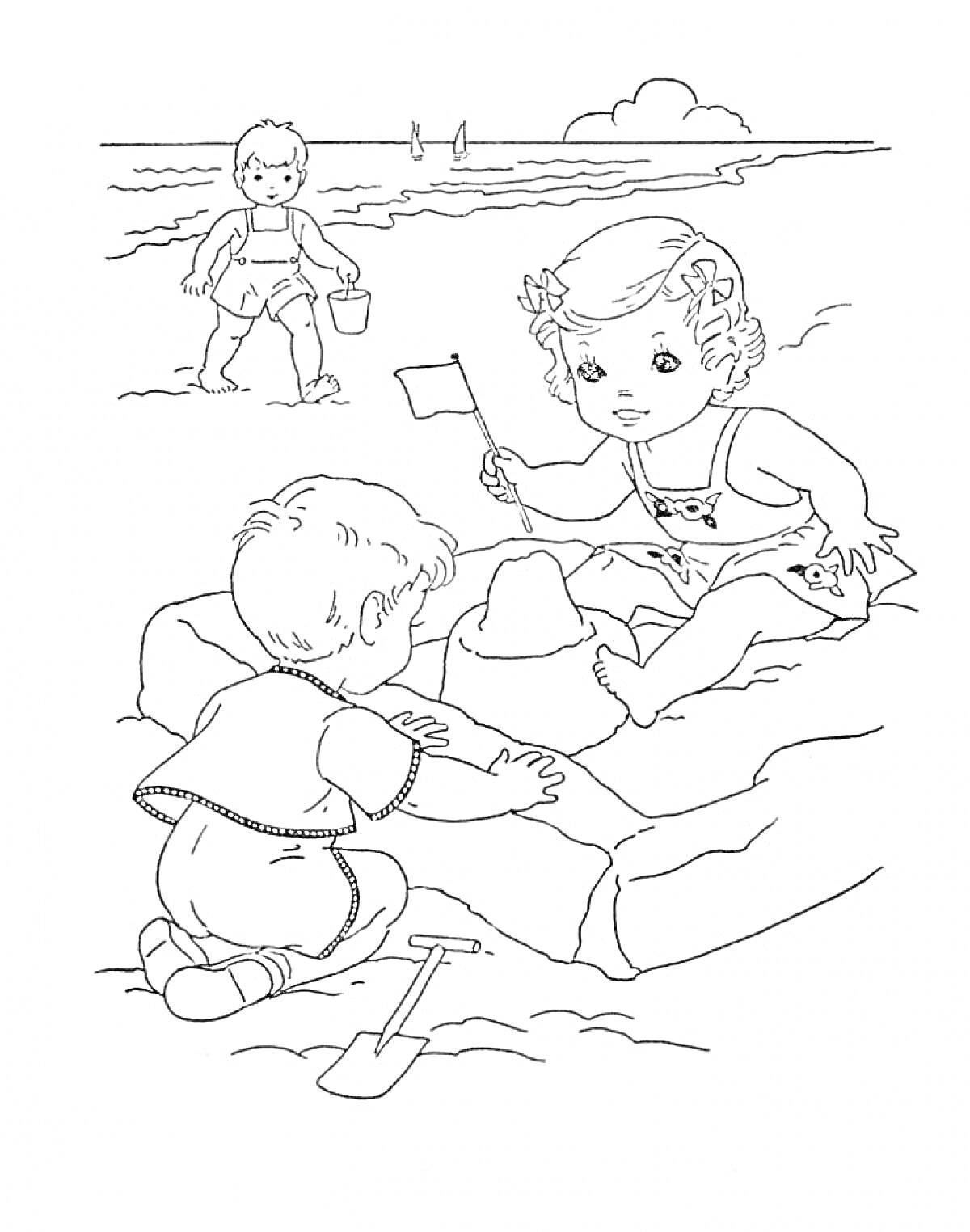Дети на пляже строят песочный замок, третий ребёнок идет с ведром