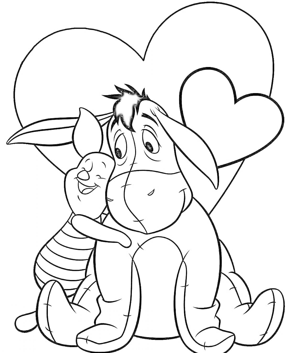 Раскраска Персонажи мультфильма обнимаются, на фоне два сердца