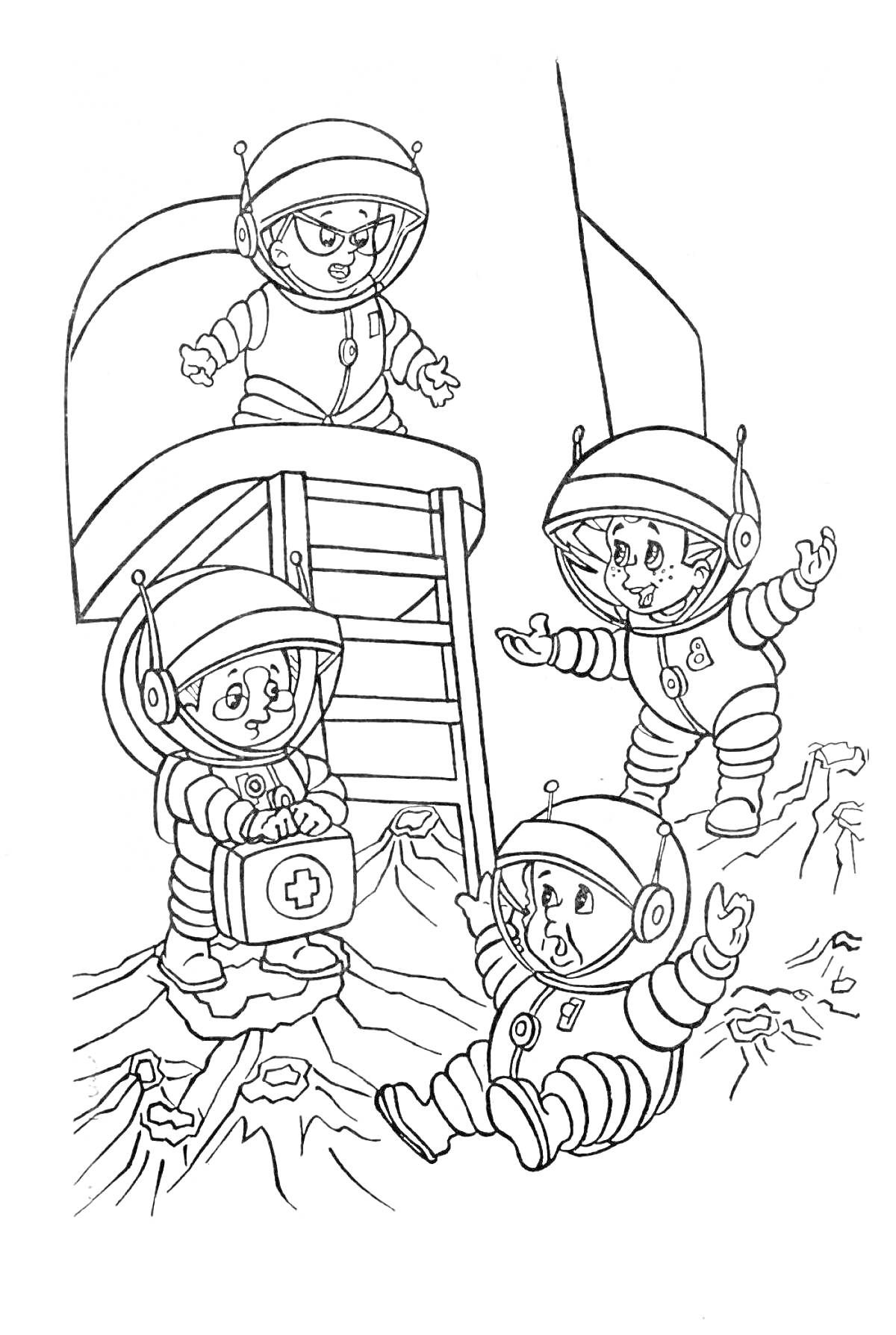 Астронавты у лунного модуля. Три космонавта в скафандрах с медицинской сумкой, стоящие и сидящие на поверхности, и четвертый космонавт, спускающийся по лестнице из модуля.
