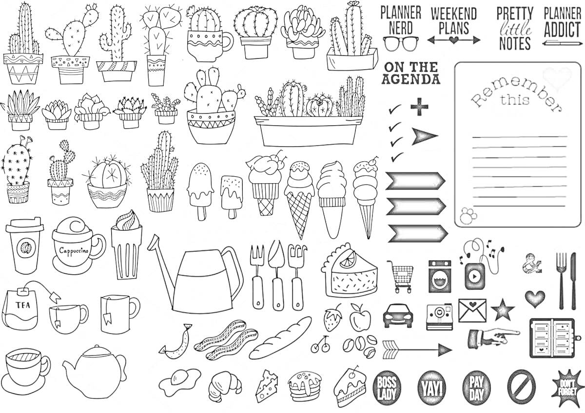 Раскраска Наклейки для личного дневника с кактусами, мороженым, посудой, иконками планировщика, заметками и лейкой.
