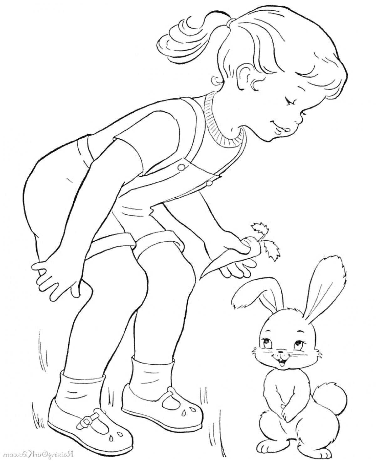 Раскраска Девочка с хвостиком даёт морковь зайцу
