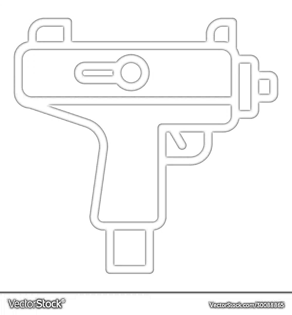 На раскраске изображено: Пистолет-пулемет, Оружие, Кнопки, Линии, Контурные рисунки