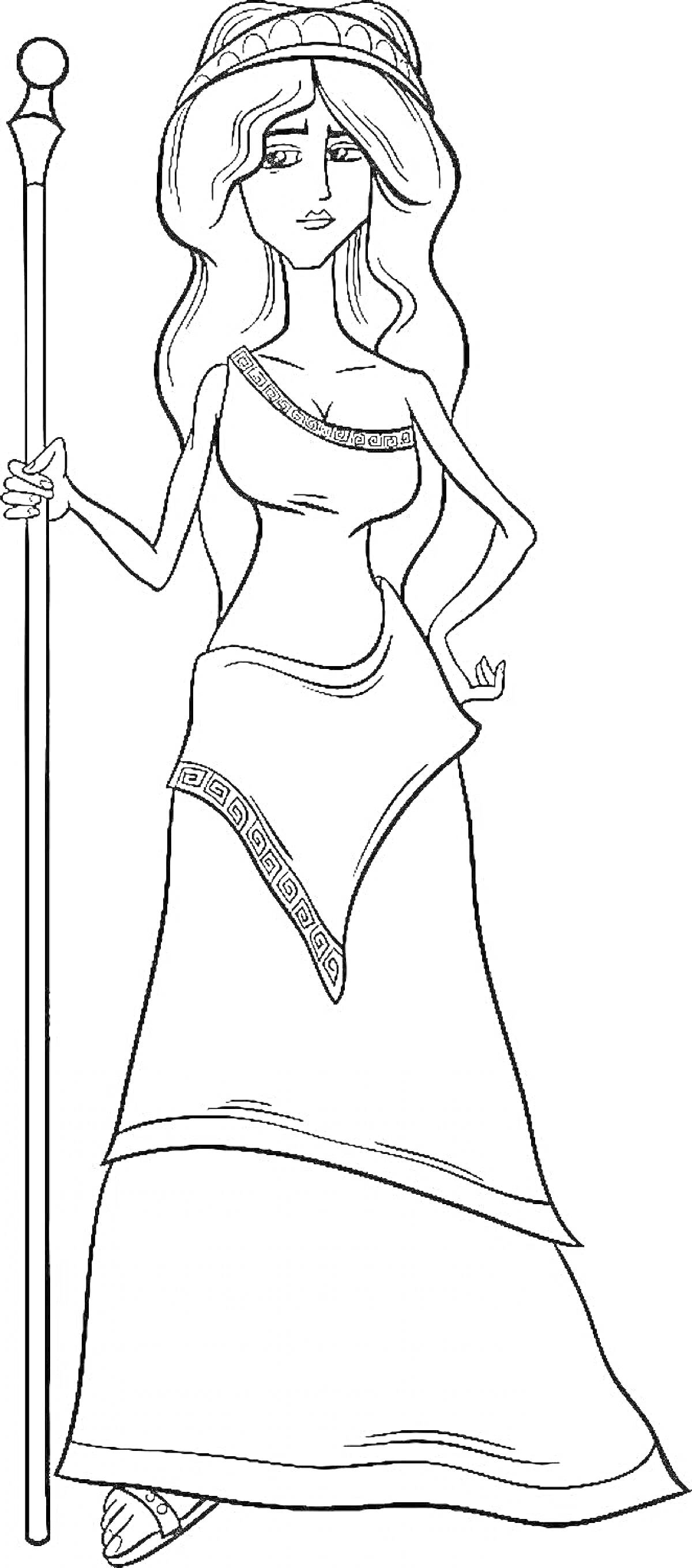 Раскраска Богиня Гера с посохом, в короне и платье