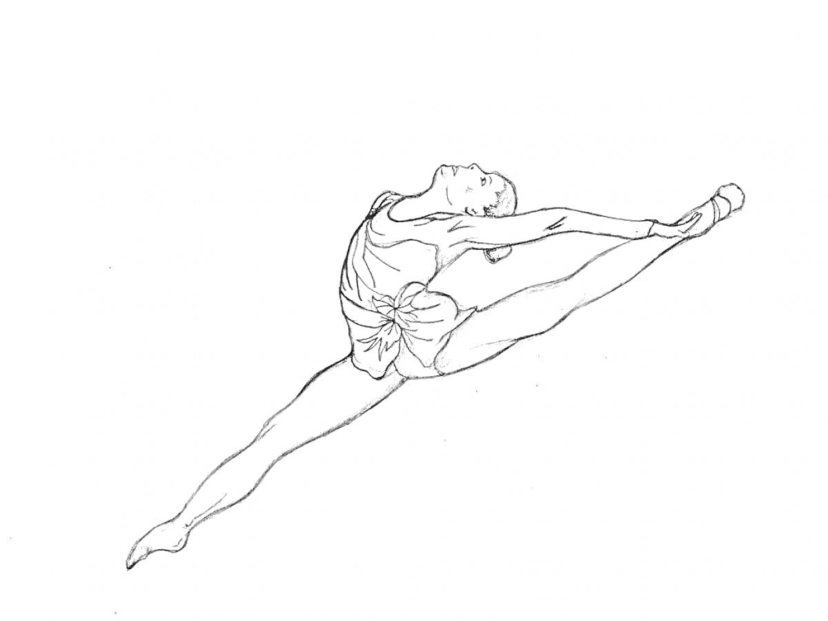 Раскраска Гимнастка в прыжке, выполняющая шпагат