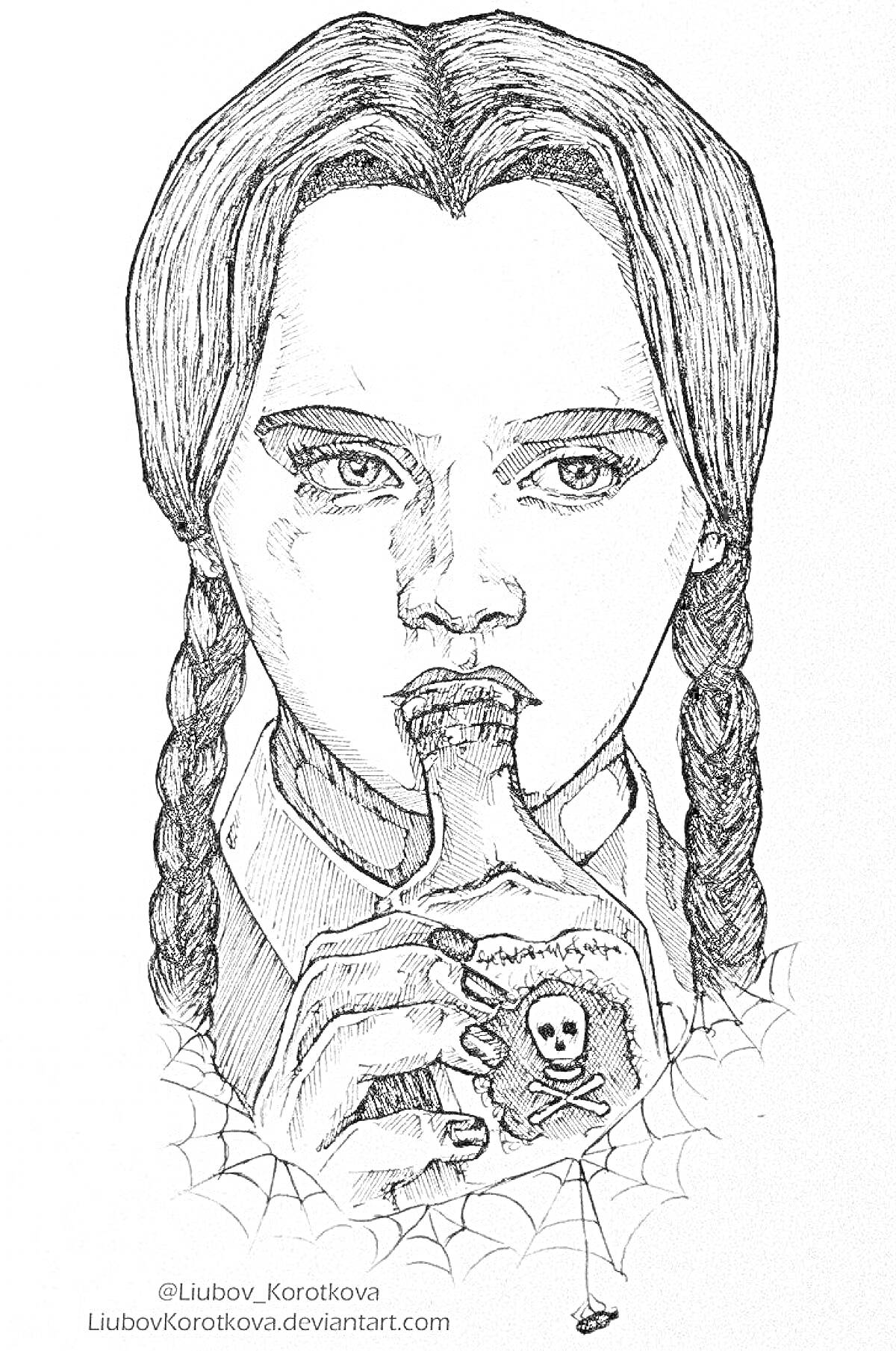 Раскраска Девушка с косами, пьющая из бутылки с черепом, окружённая паутиной