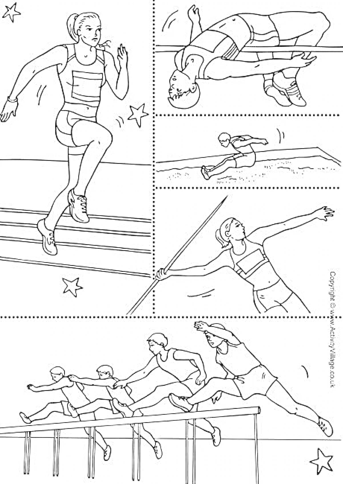 На раскраске изображено: Спорт, Бег, Прыжки, Метание, Гимнастика, Физкультура