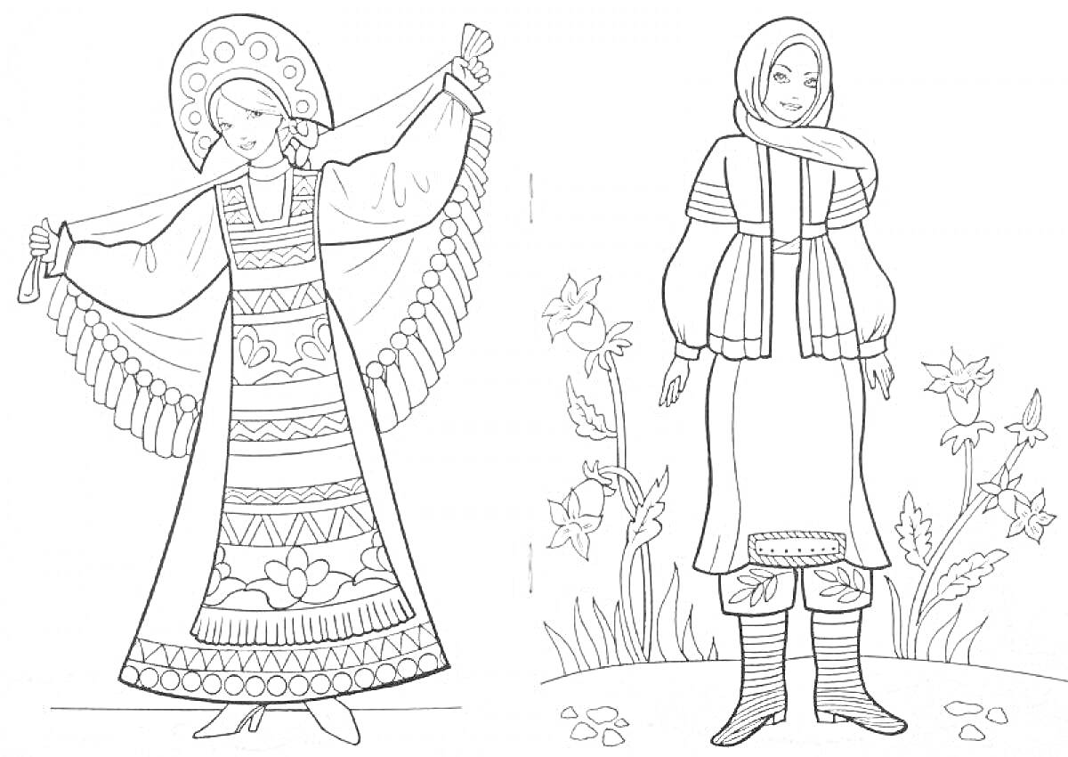 Раскраска Девушка в кокошнике и сарафане, девушка в рубахе и юбке с сапогами и платком, цветы на заднем фоне