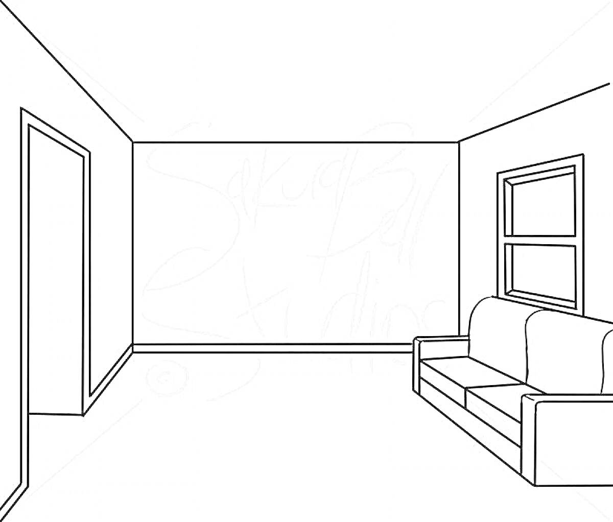 Раскраска Пустая комната с диваном и окном