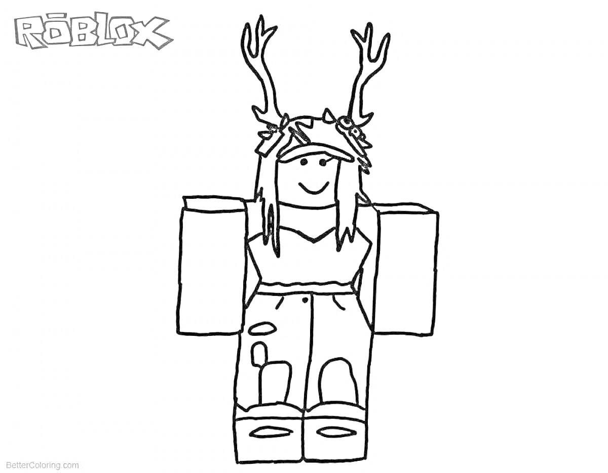 Раскраска Персонаж из Roblox в кепке с рогами, длинные волосы, футболка, джинсы