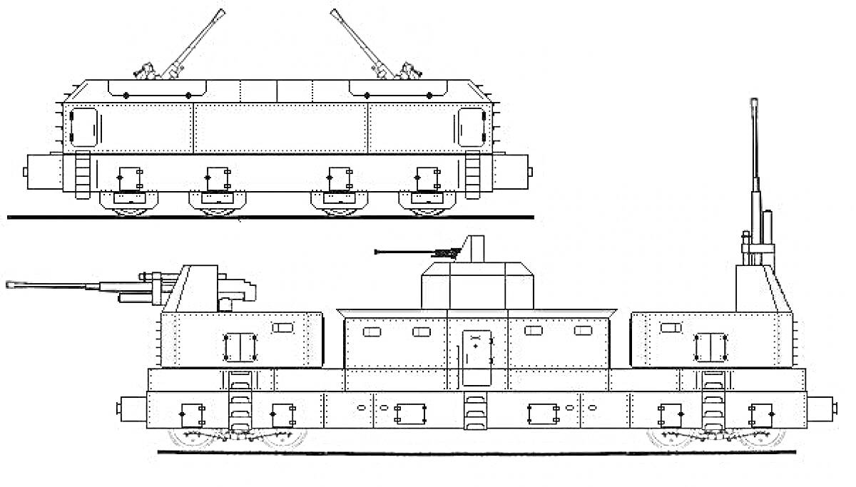 Раскраска Бронепоезд с двумя башнями, пушками и деталями корпуса