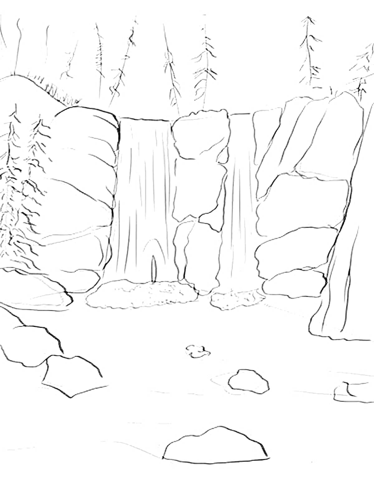 На раскраске изображено: Водопад, Камни, Деревья, Скалы, Природа, Ландшафт, Река
