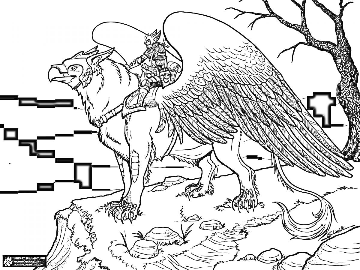 На раскраске изображено: Грифон, Воин, Крылья, Утёс, Камни, Волшебные животные