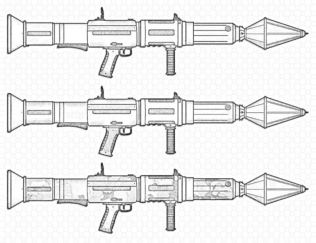 На раскраске изображено: РПГ, Ракетная установка, Оружие, Модификации, Военная техника