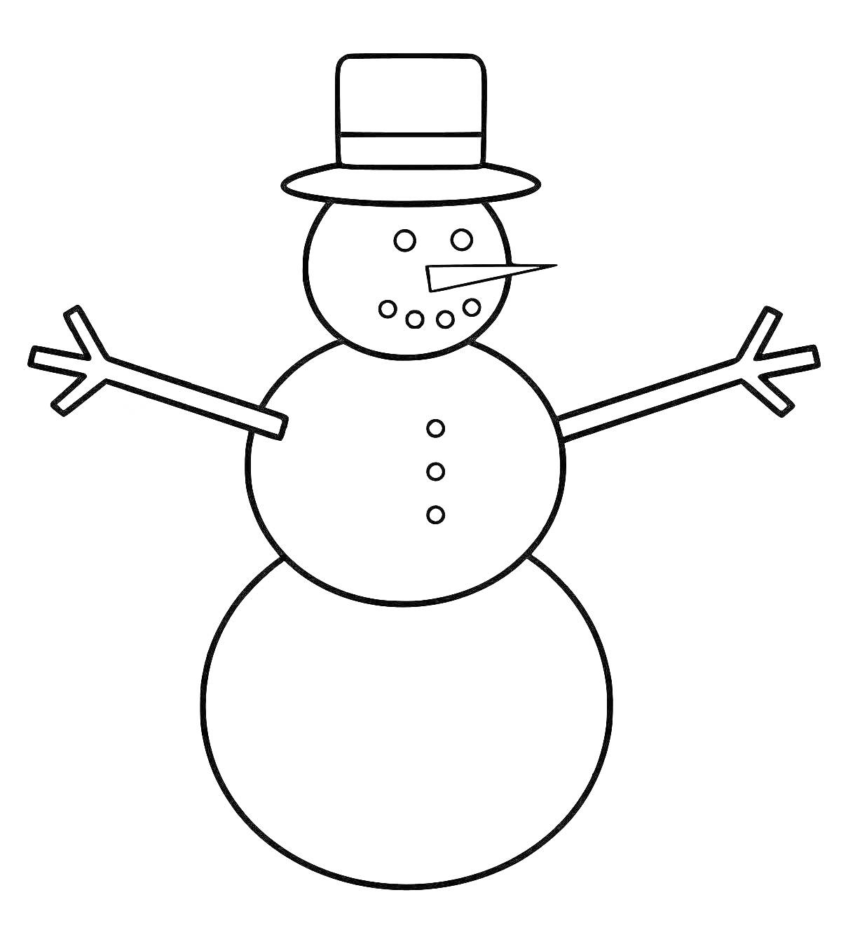 Снеговик с шляпой, морковным носом, пуговицами и ветками в качестве рук