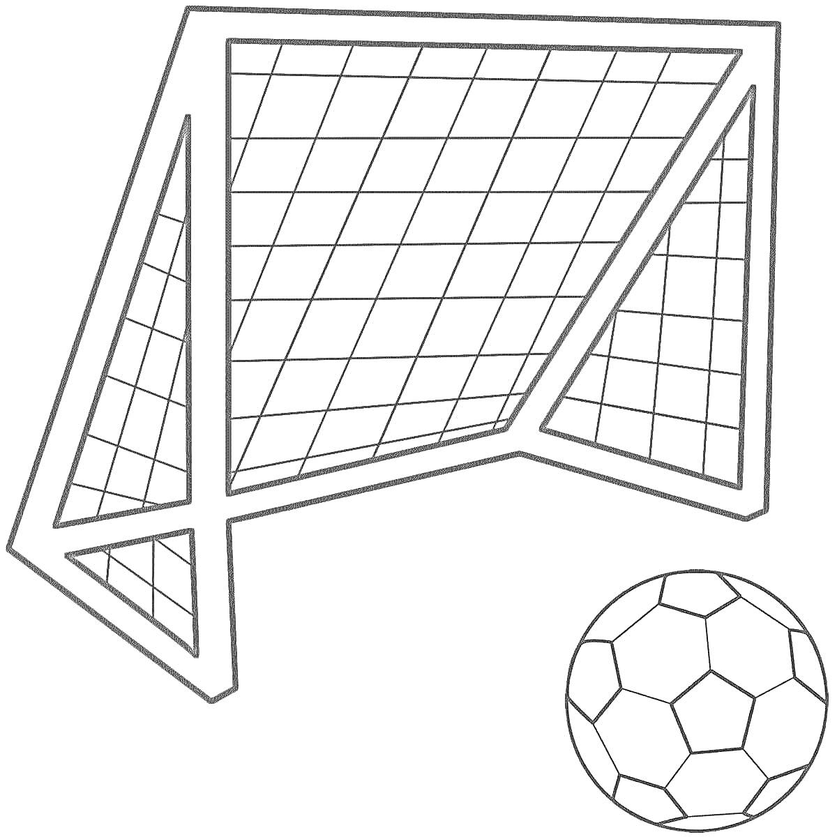 На раскраске изображено: Ворота, Футбольный мяч, Футбол, Спорт, Сетка, Мячи