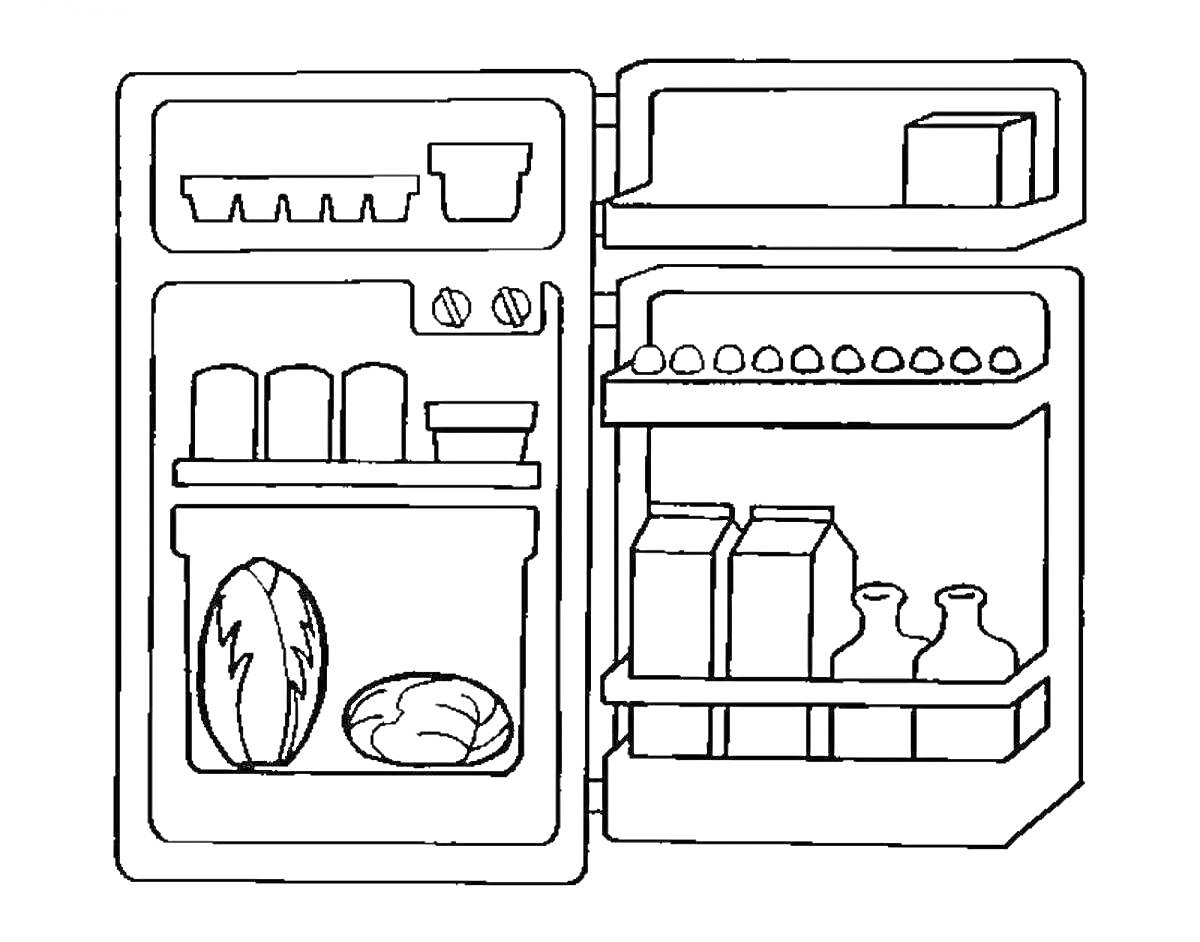 Раскраска Холодильник с яйцами, бутылками, соками, кочаном капусты, батоном хлеба, кружками и контейнерами