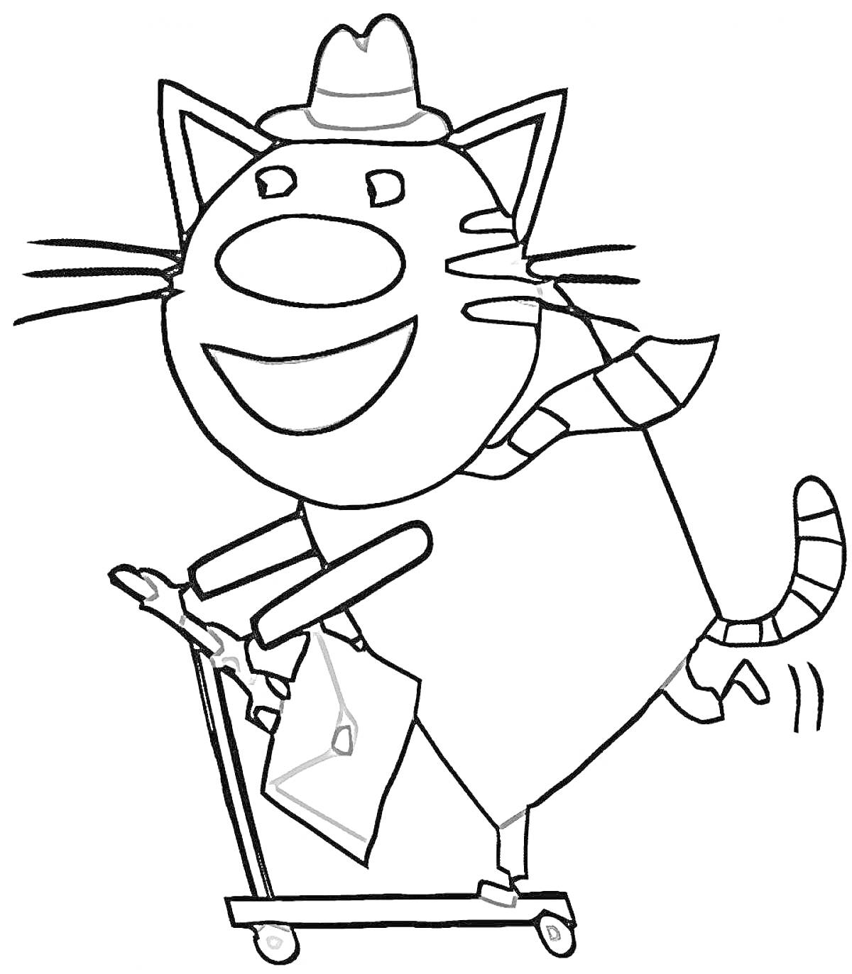 Раскраска Кот на самокате в шляпе и шарфе