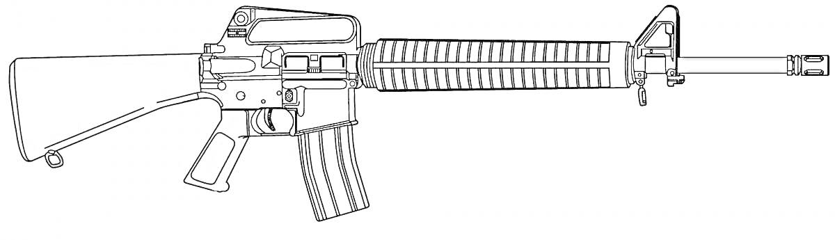 Раскраска M4A1 с оптическим прицелом, цевьем с рельсами Пикатинни, передней стойкой мушки и магазином.