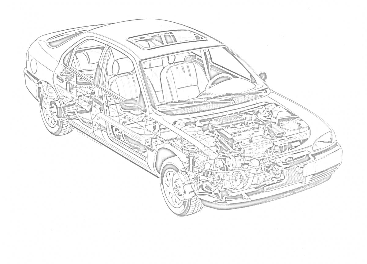 Раскраска Форд Мондео с изображением внутренних компонентов и механизмов