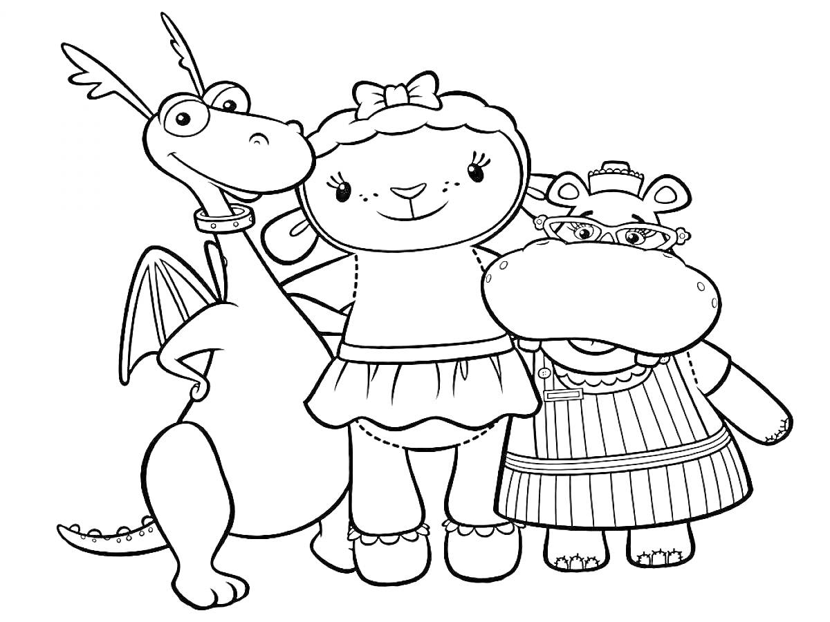 РаскраскаДракон, овечка и бегемот из мультфильма 