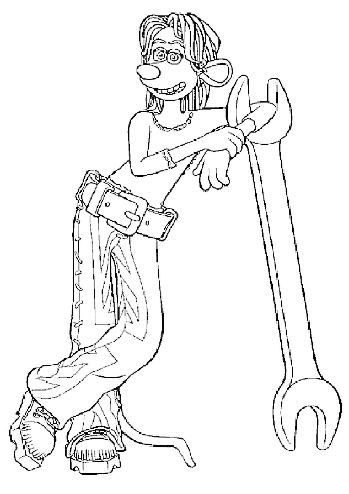 Раскраска Персонаж в очках, с хвостом и большими зубами, опирающийся на большой разводной ключ